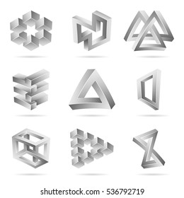 Impossible Shapes Set. Trendy Creative Figure With Optical Illusion. Paradox Elements. Unreal Geometrical Symbols In A Surreal Style. Vector Illustration