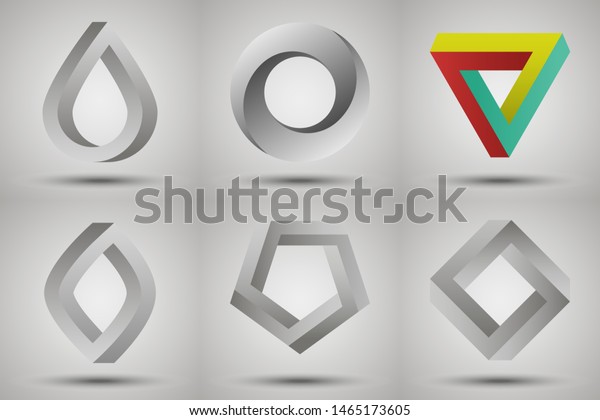 不可能な図形セット 三角形 円 正方形 楕円 影とベクター画像ジオメトリイラスト メビウスのストリップスタイル 無限と循環の象徴としての様々な不可能な数字 ロゴテンプレート のベクター画像素材 ロイヤリティフリー