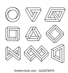 Impossible signs set outline. Linear infinite shapes. Impossible geometric figures. Optical illusion. Triangle, Infinity loop. Vector illustration