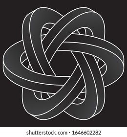 Impossible three circles icon. White vector optical illusion shape on black background.