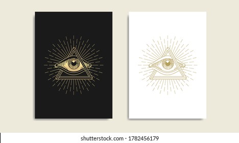 Impossible triangle with All seeing eye, symbol of the Masons, eye and  gold logo, spiritual guidance tarot reader design. engraving, decorative illustration tattoo