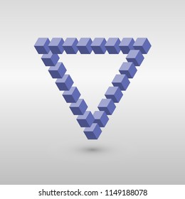 Impossible triangle in CMY colors. Cubes arranged as geometric optical illusion. Reutersvard traingle. Vector illustration.