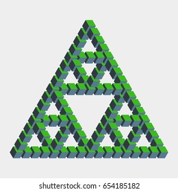 Impossible triangle constructed of green blue cube blocks. Math object with mental trick. Isometric 3d design. Optical art, illusion of brain. Symbol with three-dimensional effect. Visual paradox maze