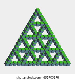 Impossible triangle constructed of green blue cube blocks. Math object with mental trick. Isometric 3d design. Optical art, illusion of brain. Symbol with three-dimensional effect. Visual paradox maze