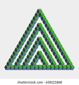 Impossible triangle constructed of green blue cube blocks. Math object with mental trick. Isometric 3d design. Optical art, illusion of brain. Symbol with three-dimensional effect. Visual paradox maze