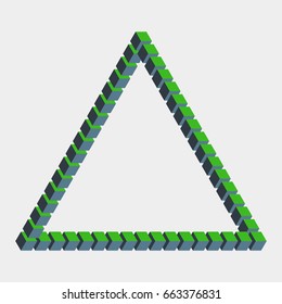 Impossible triangle constructed of green blue cube blocks. Math object with mental trick. Isometric 3d design. Optical art, illusion of brain. Symbol with three-dimensional effect. Visual paradox maze