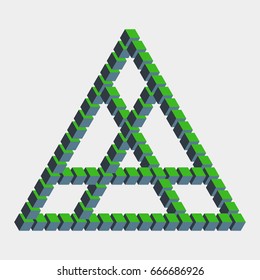 Impossible triangle constructed of green blue cube blocks. Math object with mental trick. Isometric 3d design. Optical art, illusion of brain. Symbol with three-dimensional effect. Visual paradox maze