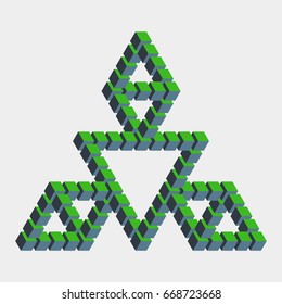 Impossible triangle constructed of green blue cube blocks. Math object with mental trick. Isometric 3d design. Optical art, illusion of brain. Symbol with three-dimensional effect. Visual paradox maze