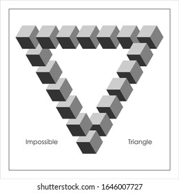 Impossible triangle. Cubes arranged as geometric optical illusion. Reutersvard traingle. Penrose triangle, vector illustration.