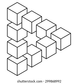 Impossible triangle made of cubes, line drawing, optical illusion triangle, logo design