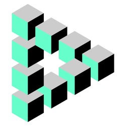 Impossible triangle made of cubes vector illustration, optical illusion in 3 colors, logo design