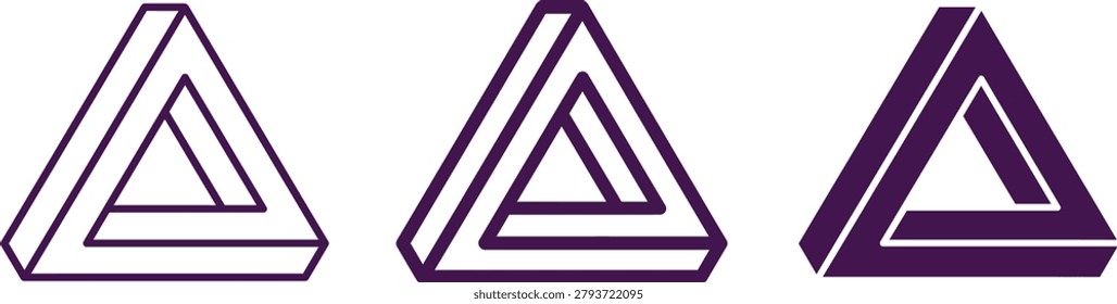 Impossible triangle optical illusion icons in three visual styles with triangle impossible illusion geometry abstract minimalist infinite structure perspective dimension