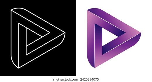 Impossible triangle. Penrose optical illusion isolated on white and black background. Vector illustration.