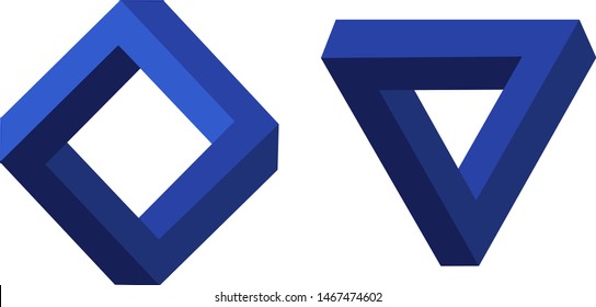 Impossible triangle of Penrose and square optical Illusion. Vector illustration in blue colors. Abstract geometric 3D design. Creative symbol of infinity and cyclicality. Amazing visual logo.