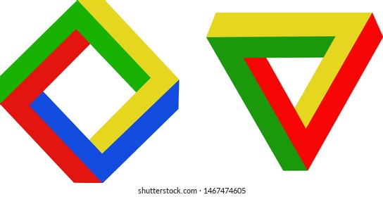 Impossible triangle of Penrose and square optical Illusion. Vector illustration in retro style. Abstract geometric 3D design. Creative symbol of infinity and cyclicality. Amazing visual logo.
