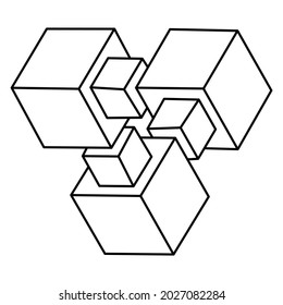 Impossible triangle. Sacred geometry figures. Optical illusion cube. Abstract eternal geometric object. Impossible endless outline shape. Optical art. Impossible geometry figure on a white background.