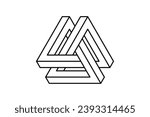 Impossible triangle shape. Optical visual illusion. Triangular Infinite loop symbol. Abstract unreal geometric form. Linear puzzle design element for logo, icon, label, tag, decor. Vector illustration