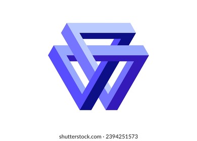 Forma de triángulo imposible. Ilusión visual óptica. Símbolo de bucle infinito triangular. Forma geométrica azul púrpura irreal. Elemento de rompecabezas sólido para logotipo, icono, etiqueta, etiqueta, decoración. Ilustración del vector