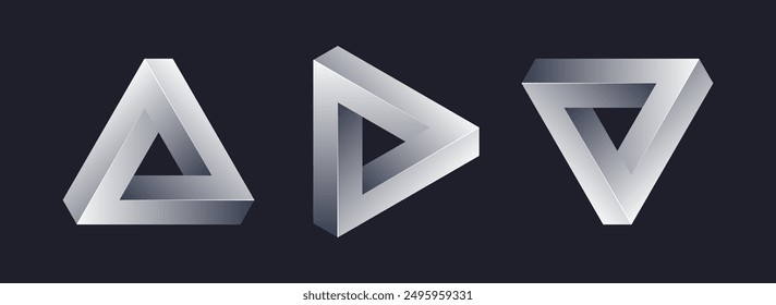 Impossible triangle shape. The Penrose triangle on a dark background. Abstract unreal geometric form for logo, sticker, label and design. Vector illustration.