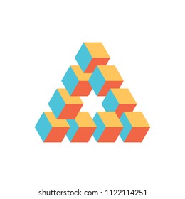 Impossible triangle in three different colors. Cubes arranged as geometric optical illusion.  Vector illustration.