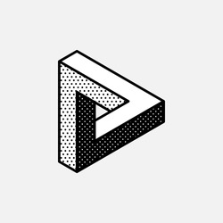 Impossible triangle vector shape. Optical illusion sign. Retro 3d black and white logo with polka dot pattern on the sides. Vector isometric icon for halftone label, illusion company, vintage posters.