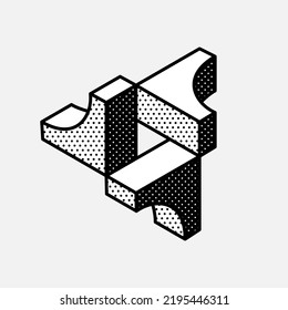 Impossible triangle vector shape. Optical illusion sign. Retro 3d black and white logo with polka dot pattern on the sides. Vector isometric icon for halftone label, illusion company, vintage posters.