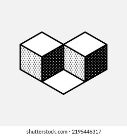 Impossible triangle vector shape. Optical illusion sign. Retro 3d black and white logo with polka dot pattern on the sides. Vector isometric icon for halftone label, illusion company, vintage posters.