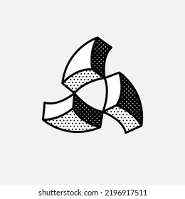 Impossible triangle vector shape. Optical illusion sign. Retro 3d black and white logo with polka dot pattern on the sides. Vector isometric icon for halftone label, illusion company, vintage posters.