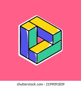 Impossible triangle vector shape. Optical illusion sign. Modern handwritten 3d logo with paint shift. Vector isometric icon for childish label, toy company, colorful posters.
