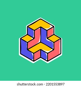 Impossible triangle vector shape. Optical illusion sign. Modern handwritten 3d logo with paint shift. Vector isometric icon for childish label, toy company, colorful posters.