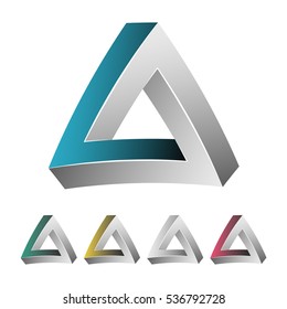 Impossible Triangle. White Background. Colorful Trendy Creative Sign With Optical Illusion. Paradox Element. Unreal Geometrical Symbol In A Surreal Escher Style. Vector Illustration