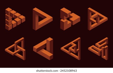 Impossible triangles. 3D abstract optical illusion. Vector illustration.