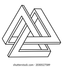 Impossible triangles. Optical illusion figure. Endless triangular shapes. Abstract infinite geometric object. Impossible eternal figure isolated on a white background. Vector illustration. Op art.