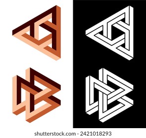 Impossible triangular designs. Optical illusion isolated on white and black background. Designing elements. Vector illustration.