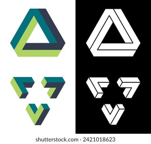 Impossible triangular designs. Optical illusion isolated on white and black background. Designing elements. Vector illustration.