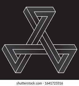 Impossible triangular icon. White vector optical illusion shape on black background.