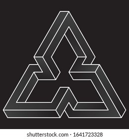 Impossible triangular icon. White vector optical illusion shape on black background.
