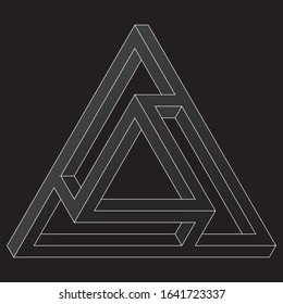 Impossible triangular icon. White vector optical illusion shape on black background.