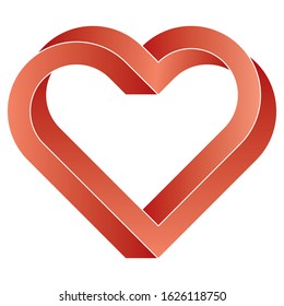 Impossible twisted red heart icon. Vector optical illusion shape on white background.