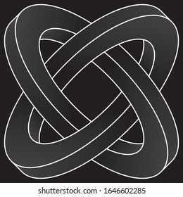 Impossible two circles icon. White vector optical illusion shape on black background.
