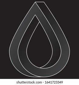 Impossible water drop icon. White vector optical illusion shape on black background.