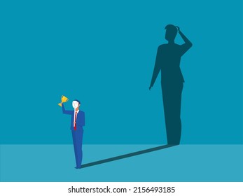 imposter syndrome, business holding on carnival masks  happy  with fear shadow behind. Anxiety and lack of self confidence at work vector illustrator