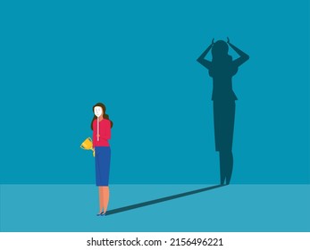 imposter syndrome, business woman holding on carnival masks  happy  with fear shadow behind. Anxiety and lack of self confidence at work vector illustrator