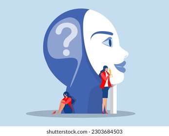 imposter syndrome, business woman holding mask happy face but behind Anxiety and lack of self confidence at work vector