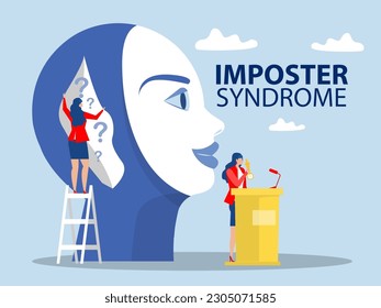 imposter syndrome, business woman holding mask happy face but behind Anxiety and lack of self confidence at work vector