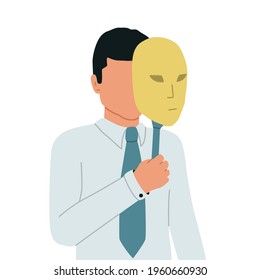Imposter Syndrome. The businessman hides his face under a theatrical mask. The man hides his identity. Vector illustration.