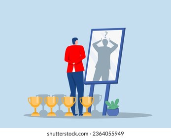 imposter syndrome, businessman looking shadow himself through mirror for Anxiety and lack of self confidence at work vector