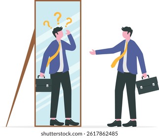 Síndrome do impostor, homem de negócios que olha para a sombra de si mesmo através do espelho para Ansiedade e falta de autoconfiança no vetor de trabalho

