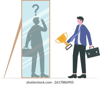 imposter syndrome, businessman looking shadow himself through mirror for Anxiety and lack of self confidence at work vector

