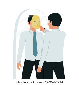 Imposter Syndrome. A businessman looks in the mirror and takes off his imposter mask. Vector illustration.